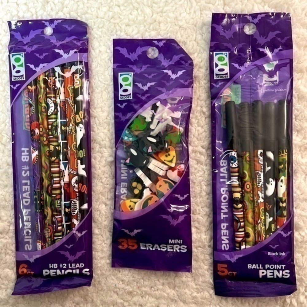 Geddes Halloween #2 Pencil Pack, Ballpoint Pen Pack + Mini Eraser Bundle